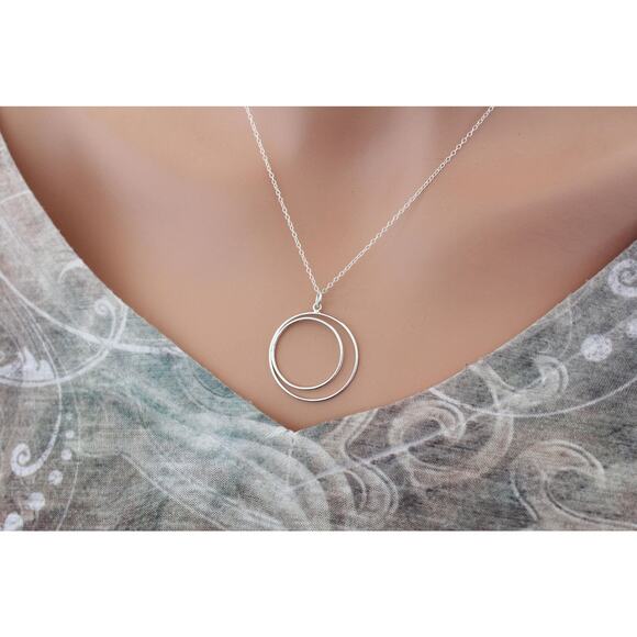 Sterling Silver Double Circle Pendant Necklace, Circle Pendant Necklace - Picture 1 of 2